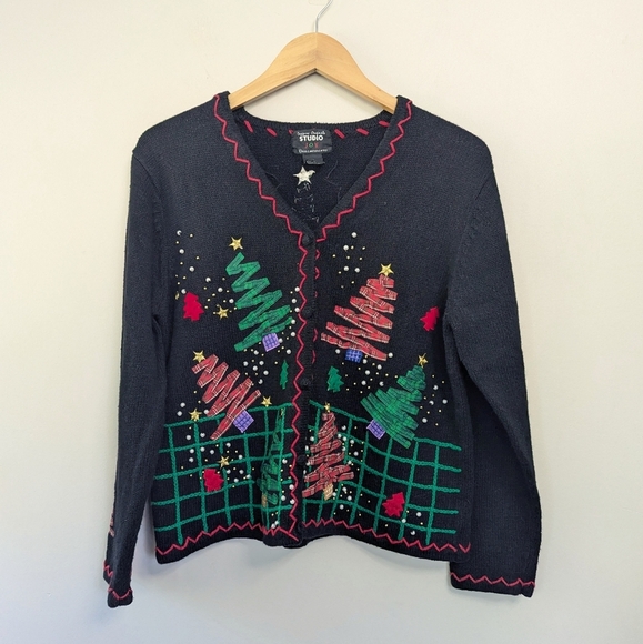 Vintage 90s Ugly Christmas Snowman Tree Ribbon Holiday Sweater - Picture 3 of 13